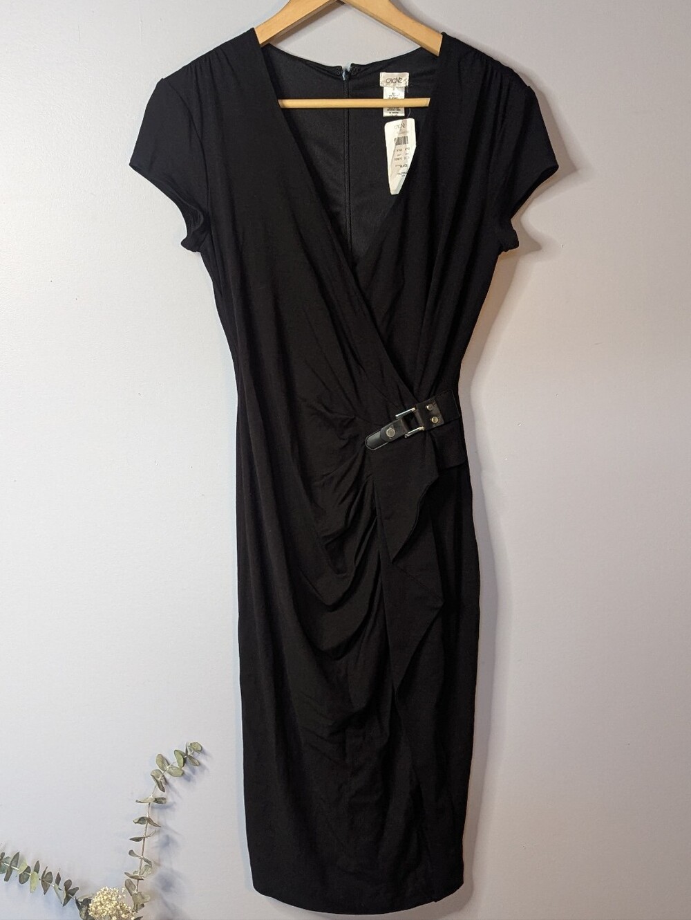 VINTAGE DEADSTOCK NWT Cache Black Mock Wrap Dress - Ruched Buckle Midi M